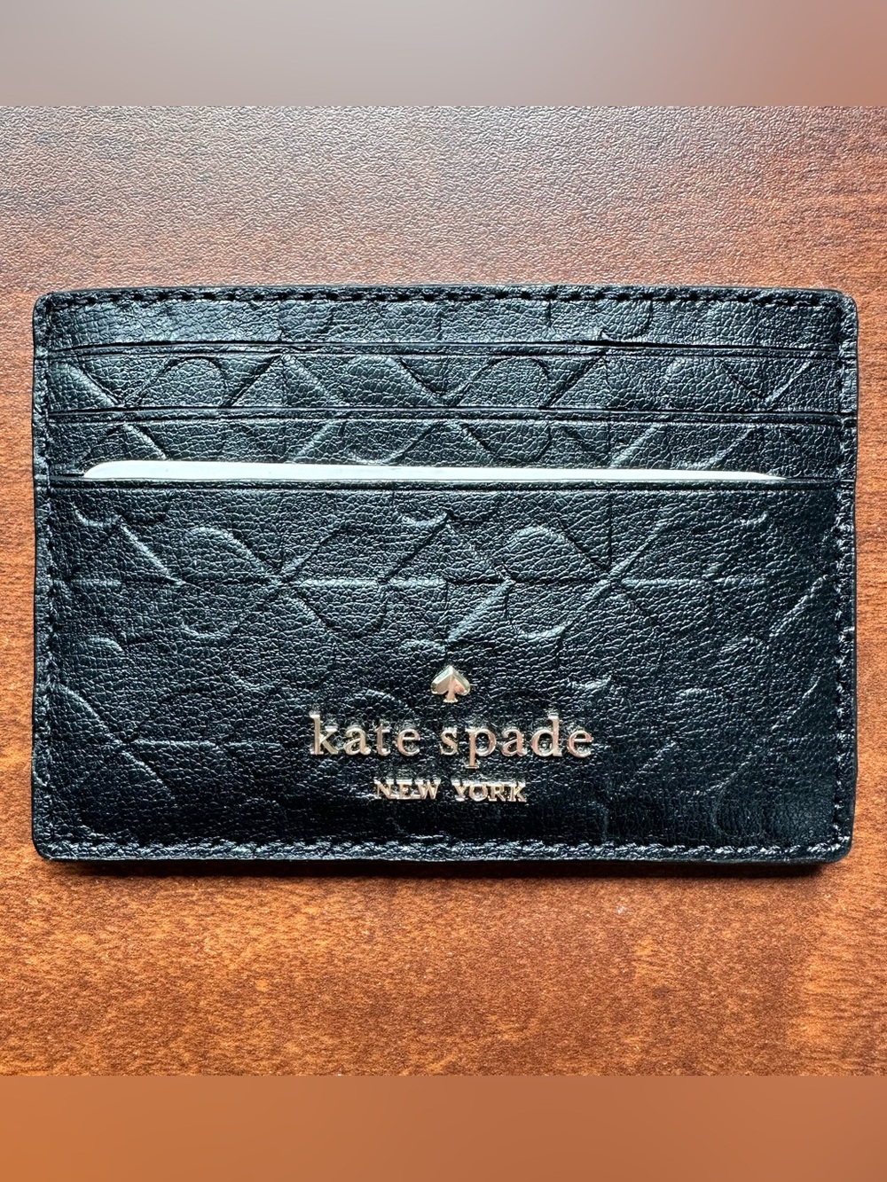 kate spade Black Embossed Leather Card Case with Gold Logo